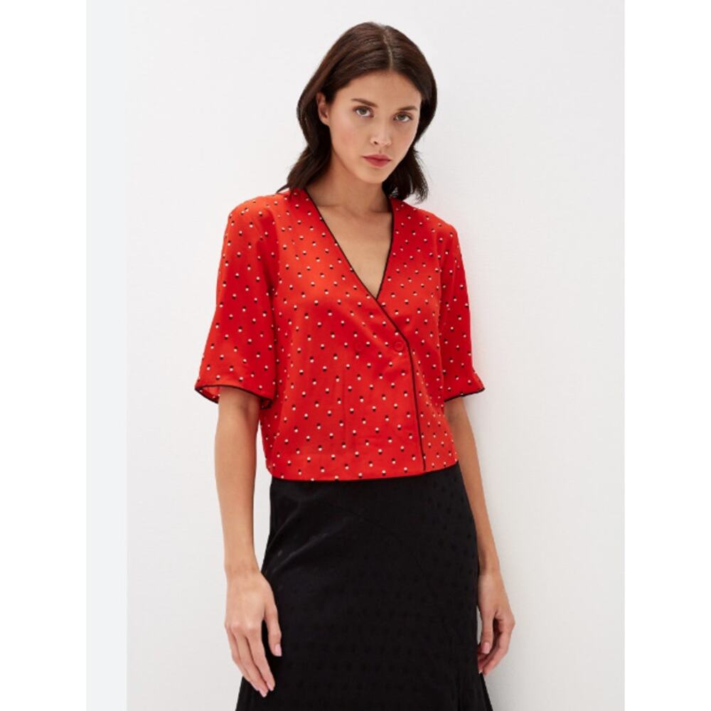 MNG Mango Red Polka Dot Wrap Blouse US 4 Short Sleeve Cropped Top